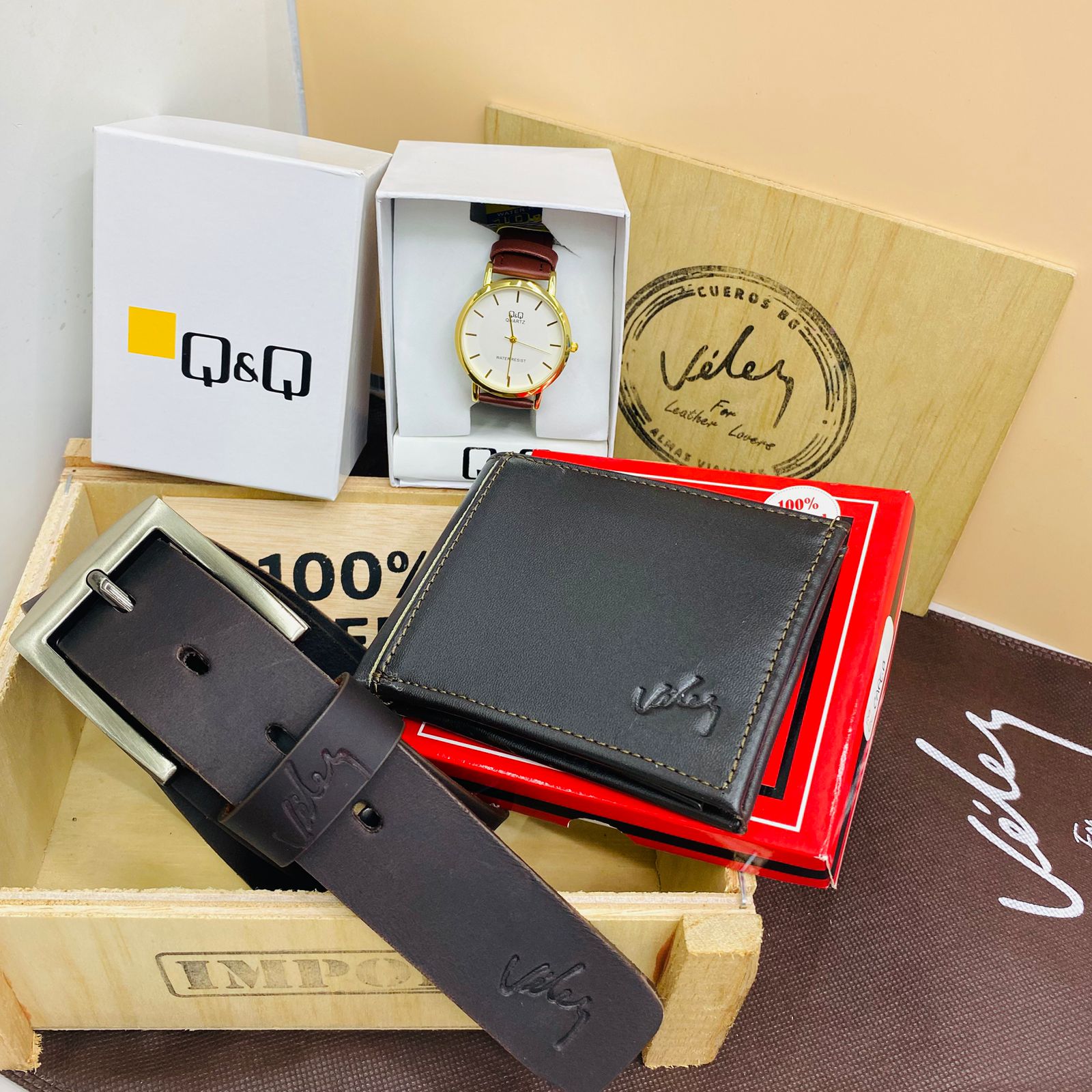 Combo Reloj QQ | Cartera | Cinturon | Cuero Velez Original