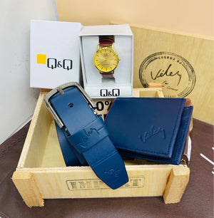 Combo Reloj QQ | Cartera | Cinturon | Cuero Velez Original