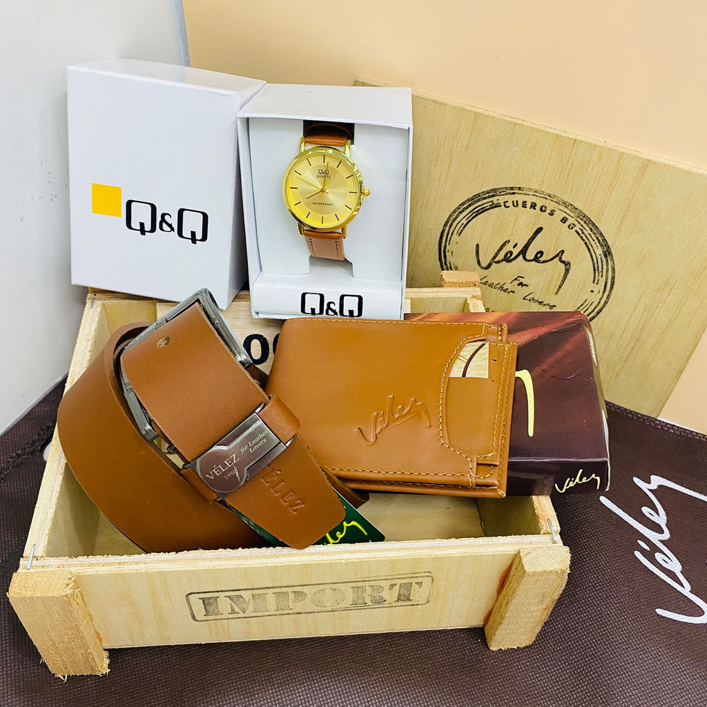 Combo Reloj QQ | Cartera | Cinturon | Cuero Velez Original